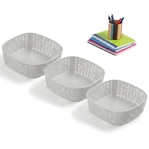 Image of Kuber Industries 3 Pcs Plastic Large Fruit Basket for Dining Table | Snacks, Groceries and Vegetable Basket for Kitchen Storage | Iceland Design - Grey