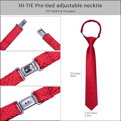 Image of Hi-Tie Boys Tie Pre-Tied Pocket Square Set Adjustable Kids Neckties Age 7-11 Years School UniForm Graduation