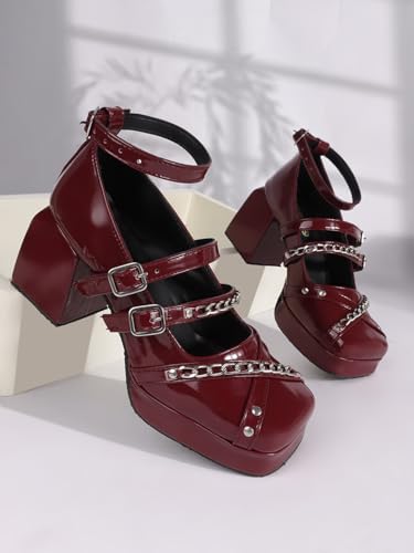 Image of TRYME Women's Ankle Buckle Strap Mary Jane with Chain Chunky Block Heel Sandals