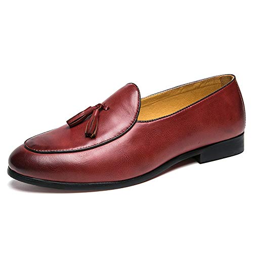 Loafer for Men Round Moc Toe Tassel Plain Low Block Heel Stitching Synthetic Leather Rubber Sole(Red,10 M US)
