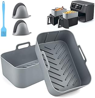 5PCS Silicone Air Fryer Liner for Ninja Dual, Air Fryer Accessories for AF300UK AF400UK Reusable Silicone Baking Basket/Tray for Ninja Foodi/Salter/Vortex Dual Zone Ninja Air Fryer Accessories - Grey