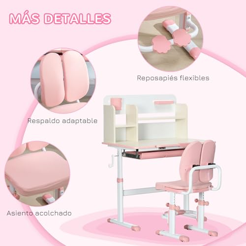 Miniatura 6 de Homcom Juego De Escritorio Y Silla Para Niños De 3 Años Pupitre Infantil Altura Ajustable Con 1 Cajón 1 Estante Para Libros Y Tablero De Mesa Inclinable 80x52x88-109 Cm Rosa Y Blanco