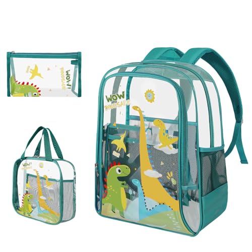 Clear Backpack for Boys Girls - 3 Pcs Dinosaur Transparent Backpack Heavy Duty with Lunch Bag Pen Case - PVC Clear Bookbag for Kids Kindergarten Elementary School Travel Stadium Events