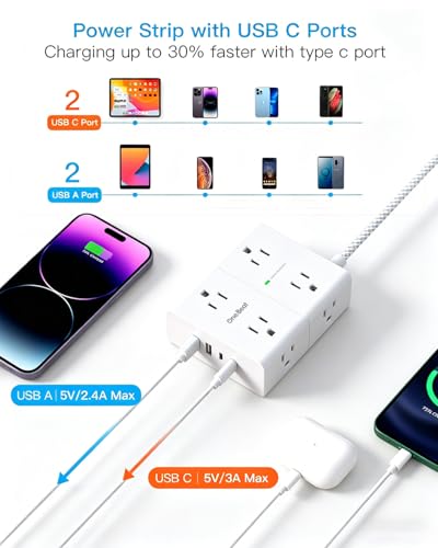 Image of Extension Cord 25 Ft, One Beat Surge Protector Power Strip 25 Ft Long Cord, 8 AC Outlets with 4 USB Ports(2 USB C), White Power Strip for Home Office College Dorm Room, Desk Essentials