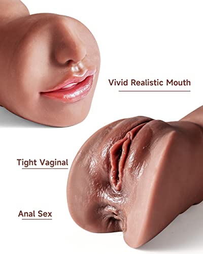 Image of 3 in 1 Pocket Pussy Male Masturbator, Adult Sex Toys with 3D Textured Vagina & Tight Anus & Drying Stick, Sex Doll Male Blowjob Stroker with Real Mouth Tongue for Man Masturbation Pleasure (Black)