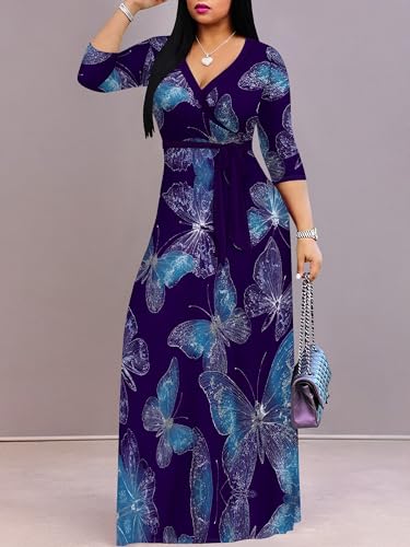 Image of Plus Size Dresses for Women Print Maxi Dresses 3 /4 Sleeve with Belt