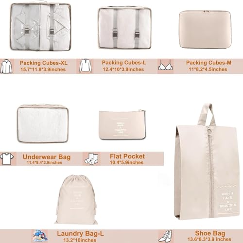 HLILai Packing Cubes for Travel - 7 Set Luggage Organizer Bags for Family, Mesh Breathable Travel Packing Cubes for Suitcases Durable Essentials Bags Set with Large Toiletries Bag(Beige) - Thumbnail 3