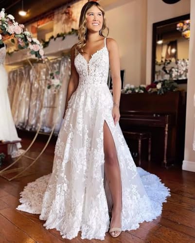 Lace Applique Wedding Dresses for Bride Spaghetti Straps V Neck Bridal Dress Backless Bridal Gown with Slit3