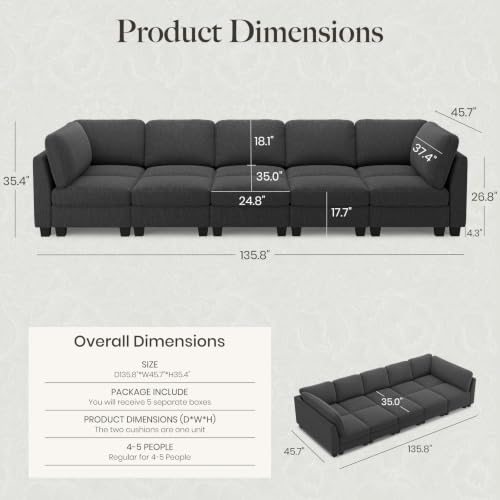 Image of Belffin Cloud Couch with Deep Seat Linen Sectional Sleeper Sofa Apartment Couch. Dark Grey Sofa