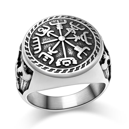 Oaldilee Stainless Steel Nordic Battle Axe Ring Viking Vegvisir Pirate Compass Rings Norse Symbol Vintage Jewelry Size10