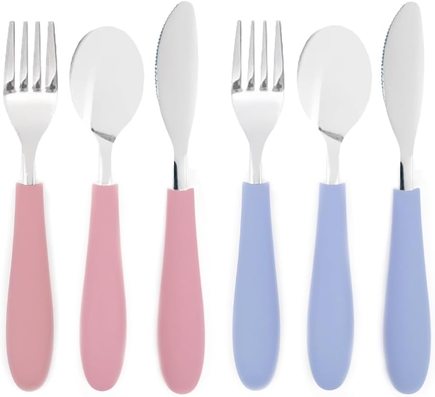 Kids Silverware with Silicone Handle | Childrens Safe Flatware | Kids Utensils | Spoon + Fork + Knife set | 4 years+ | 6 Pieces