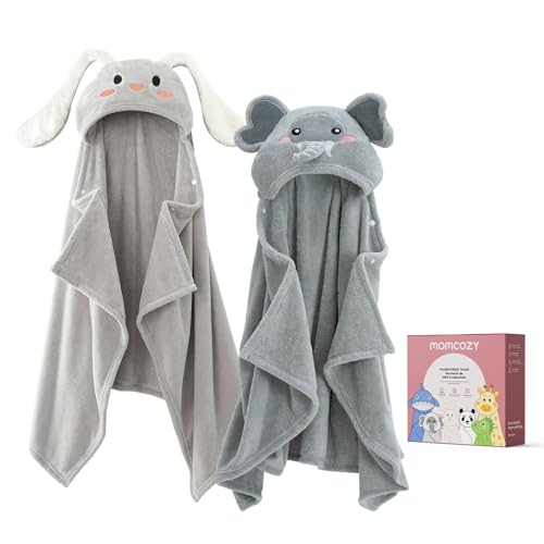 Image of Momcozy Baby Bath Towels with Visualize Health Label - Ultra Soft & Absorbent Coral Fleece Hooded Towels for Newborn, Infant, Toddler (0-36 Months) Bath Essentials (Large Size,2 Pack)