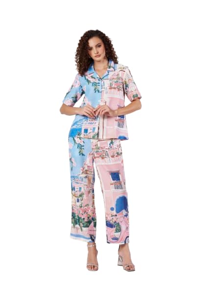 Women's Scenic Printed Shirt & Wide Leg Pants Co-Ord Set | Blue Half Sleeve Button Down Two Piece Outfit | Casual, Vacation & Resort Wear-Size M-picture-21
