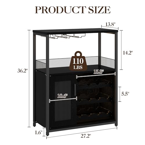 Image of Vintage Industrial Wine Bar Cabinet with Adjustable Wine Racks and Glass Holders, Mesh Door Sideboard Storage Cabinet for Living Room, Kitchen, Dining Room, Compact Design, Easy Assembly,Black