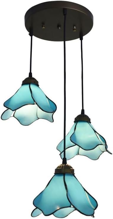 Tiffany Style Pendant Light Fixtures, Stained Glass Hanging Light, Rustic Glass Chandelier, Art Deco Lighting for Bedroom Dining Room Living Room (Blue)
