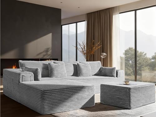 Image of Cloud Modular Sectional Sofa Couch, Boneless Couch, Deep Seat for Living Room, No Assembly, Minimalist Modular Sofa, Corduroy (Light Grey, 2 Seater + Left Facing Chaise + Ottoman)
