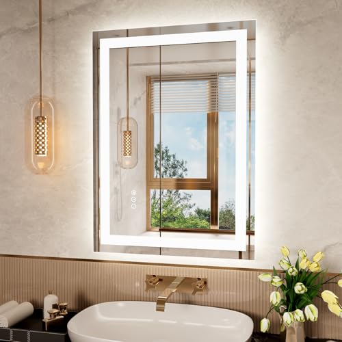 Snowdool Bathroom Mirror with LED Lights, 500x700mm Illuminated Backlit Wall-Mounted Vanity Mirror, Dimmable Switch 3 Colors, Anti-Fog, HD Tempered Glass, IP44 Waterproof, Horizontal/Vertical