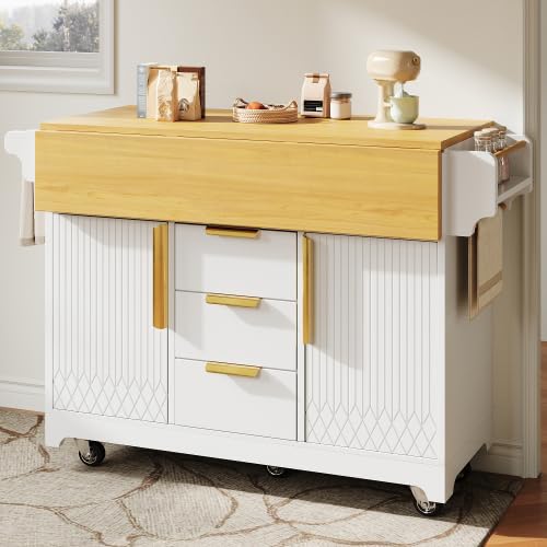 Isola cucina 120 cm bianco, 3 cassetti, tavolo estensibile