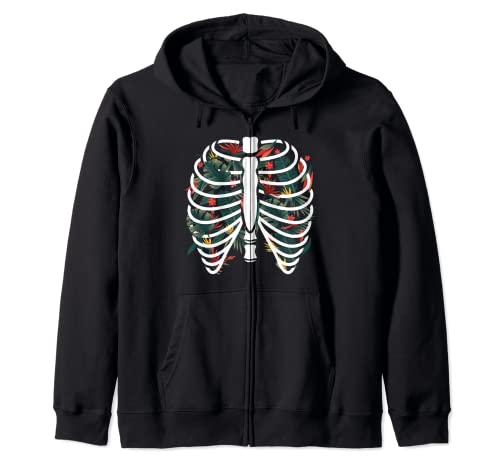 X-Ray Disfraz de Halloween de la costilla de la jaula del esqueleto de la flor floral Sudadera con Capucha