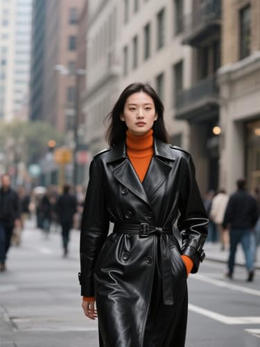 utcoco Women's Faux Leather Trench Coat Double Breasted Belted High Waist Long PU Leather Jacket Fall Winter Outerwear3