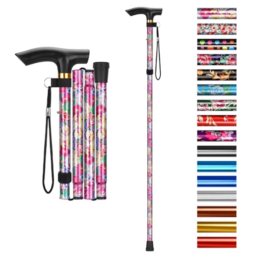 supregear Canne Pliante, Hauteur Réglable à 5 Niveaux Canne de Marche Légère Portable Bâtons de Voyage avec Dragonne et Poignée en T pour Personnes...