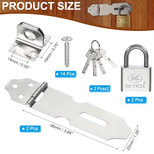 Image of PATIKIL Door Lock Hasp Latch 3.9 Inch,2 Set Stainless Steel Safety Hasp Lock Clasp Hinge Packlock(40mm) with Screws /Key for Door Gate Cabinet Closet, Silver