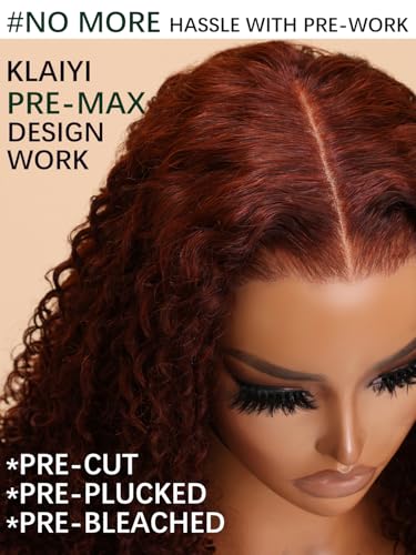 Image of KLAIYI Bye Bye Knots Glueless Wig Reddish Brown Curly Pre Cut 7x5 Lace Front Wigs Human Hair Drawstring Pre Plucked Bleached 30S Ready to Wear and Go Wig Water Wave Beginner Wigs with Baby Hair 14Inch