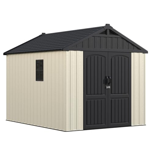 Image of Greesum 8x10FT Plastic Outdoor Storage Shed with Floor, Resin Sheds, Beige | Easy to Assemble Kick-it Shed| Eco-Friendly HDPE Material| 35% Fewer Screws| Lockable Doors with DIY Windows & Multiple Vents