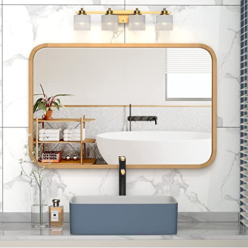 Fuwu Home Wood Bathroom Mirror For Wall 20" X 30" Farmhouse Rounded Corner Rectangle Mirror With Wooden Framed For Home Living Room Bedroom Wall Mounted Decorative Mirror (Natural Beech Wood) #TOP6