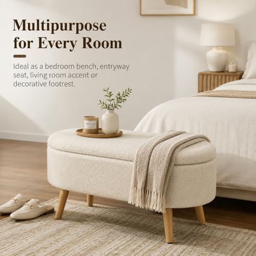 Image of Upholstered Ottoman Storage Bench, Premium Boucle Fabric, Heavy Duty 120 Kg Load Capacity, Multipurpose Seating for Living Room & Bedroom, Cream