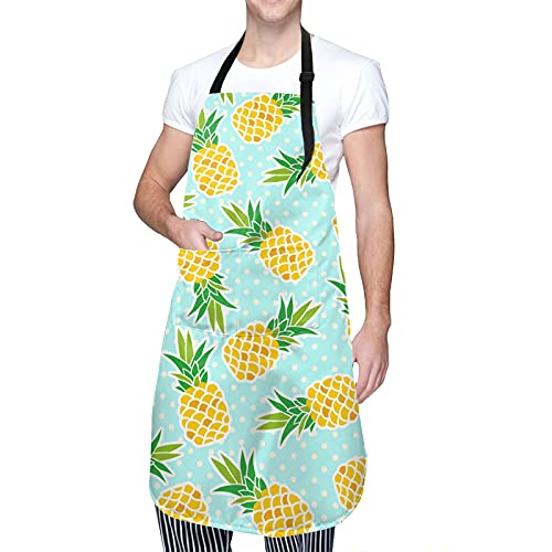 Perinsto Cute Pineapples Waterproof Apron With 2 Pockets Polka Dots Background Kitchen Chef Aprons Bibs For Cooking Baking Painting Gardening Grooming #TOP19