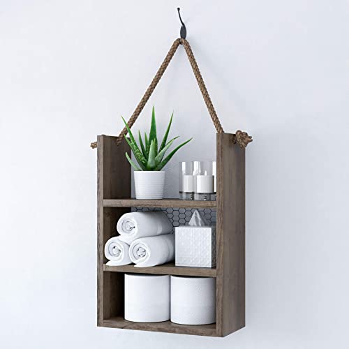Sfc Rustic Wood Bathroom Shelf Over Toilet, Bathroom Decor, Bathroom Shelves Wall Mounted, Rustic Bathroom Decor, Rustic Shelves, Farmhouse Bathroom Decor, Ladder Style Rope Hanging Shelf (Small) #TOP1