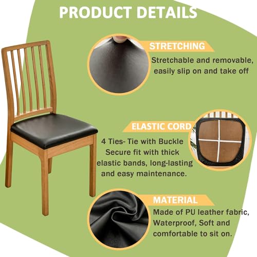 FANSU Dining Chair Seat Covers Set of 6, Black, Waterproof, Faux Leather, Modern Style with Non-Slip Elastic Bottom - Image 4