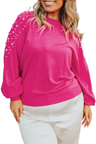 Women's Strawberry Pink Pearled Decor Raglan Sleeve Plus Size Sweater