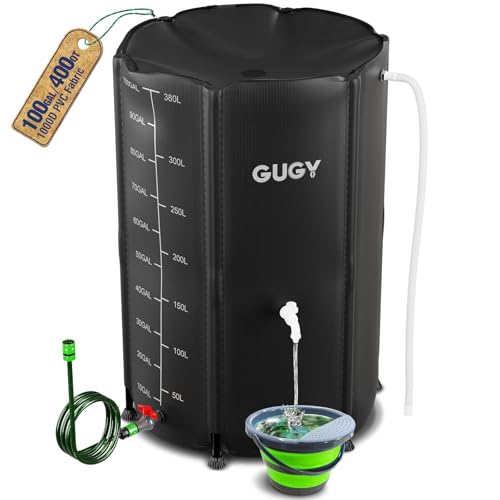 GUGY Barril de Recogida de Agua de Lluvia, Tanque de Almacenamiento de Agua de 100 galones con espigas, recogedor de Lluvia portátil para Recoger Agua de Lluvia del canalón, Cubo Plegable Grande de