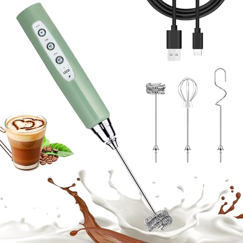 Image of Nahida Granite Green Milk Frother Wand for Coffee, Frother Handheld Rechargeable Electric Whisk with 3 Heads 3 Speeds Drink Mixer Coffee Frother Foam Maker For Latte, Cappuccino, Hot Chocolate, Egg