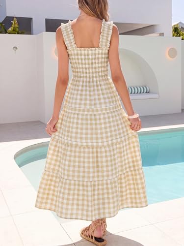 Image of Caracilia Womens Summer Maxi Dresses Floral Smocked Sleeveless Ruffle Boho Casual Flowy Aline Beach Vacation Long Sundress