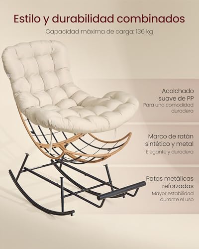 Miniatura 7 de Vasagle Silla Mecedora, Mecedora Con Marco De Acero, Reposapiés Extraíble, Cojín Extraíble, Carga De 136 Kg, Dormitorio, Sala De Estar, Terraza, Jardín, Beige Lyy062wz01