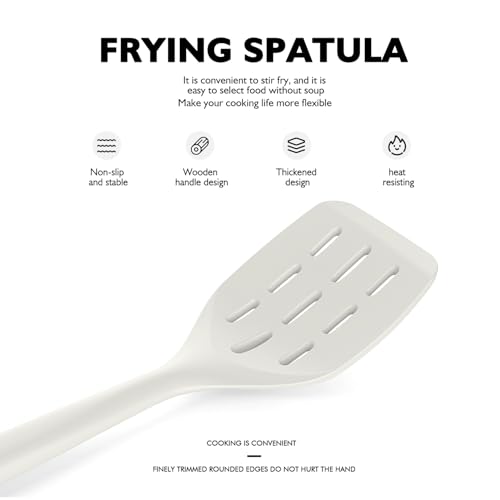 Large Silicone Cooking Utensils Set - Heat Resistant Silicone Kitchen Utensils for Cooking w Wooden Handles, Spatula Set, Kitchen Utensil Gadgets Sets for Non-Stick Cookware, BPA Free (Warm White)