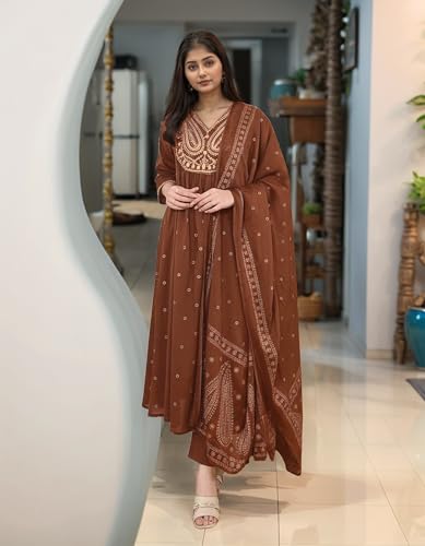 Image of ANNI Designer Women's Rayon Viscose Printed Embroidered Anarkali Kurta with Pant & Dupatta | Ethnic Kurti Set with Embroidery | Soft Comfortable Fabric | Stylish Outfit for Festive, Office