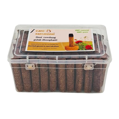 GAVO HARSHIDDHI Natural Cow Dung Spl Gulab Rose Dhoop Batti - 60 Pieces Natural Organic Herbs Incense Dhoop Sticks for Puja Hawan Prayer 2.5 inches