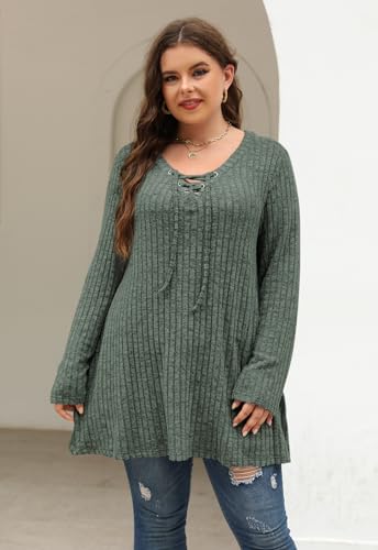 Image of Nemidor Women Plus Size Casual Tunic Top Drawstring V Neck Long Sleeve | 1X-5X plus, ribbed knit, long sweater, solid, semi-fitted flattering cut for curvy women, Fall, Winter, work, daily, dinner