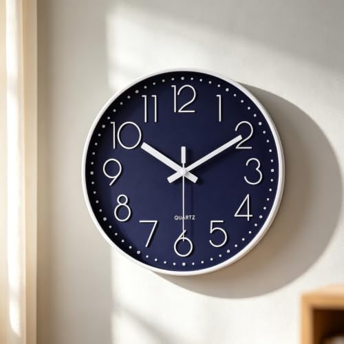 Image of jomparis 12 Inch Silent Non-Ticking Battery Operated Quality Quartz Round Wall Clock Navy Blue Color Modern Decor Clock for Home Office Bedroom Classroom