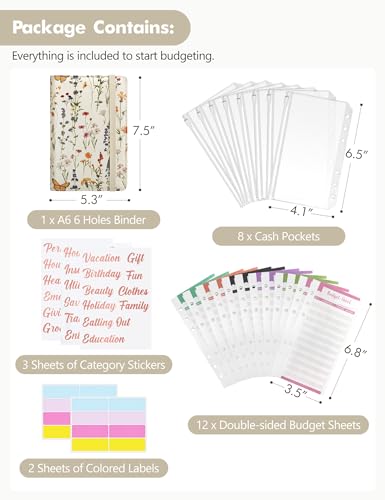 Image of A6 Budget Binder for Money Saving, PU Leather Budget Planner with 8 Cash Envelopes, Budget Sheets & Rose Gold Category Stickers, Money Organizer for Cash (Vintage Floral White)