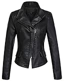chouyatou Women's Stylish Oblique Zip Slim Faux Leather Biker Outerwear Jacket (X-Small, Black)