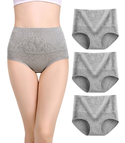 marysgift Cotton Underwear Women High Waisted Briefs Knickers for Women Multipack Ladies Briefs No Show Sexy Panties Grey Pack of 3 UK 12 14 XL Grey