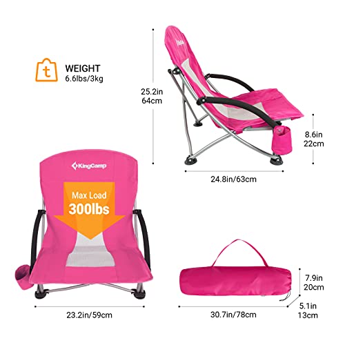 Kingcamp Portable Lightweight Sitting Sand Beach Chairs For Adults, Women With Cup Holder, Carrying Bag, Straps For Outdoor Camping Lawn Concert Travel Festival, Red Pink, Low Back, Lowback_Rose #TOP1