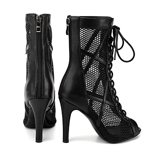 Women's Dance Heels Peep Toe Ankle Dance Booties Salsa Ballroom Dance Shoes Mesh4