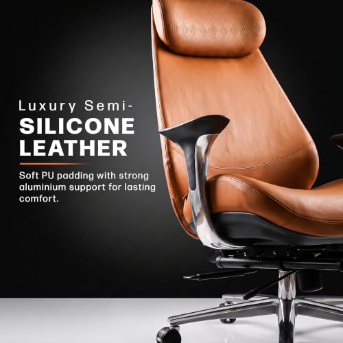 Image of DROGO Amara Ergonomic Office Chair for Work & Home- Luxury Semi-Silicone Leather, 5cm Seat Depth Adjustment, Curved Headrest, PU Aluminium Armrest, 135 Recline with 3 Lock Positions, Footrest (Tan)