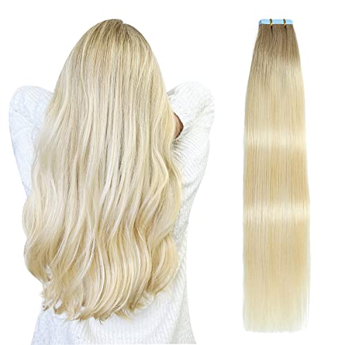 Image of SUYYA Tape In Hair Extensions Human Hair 20 Inch #P22 /60 /T18 Balayage | Remy Human Hair, Invisible Skin Weft, Straight Hair, 20PCS 40G, Ash Blonde to Medium & Platinum Blonde Balayage, Added Length